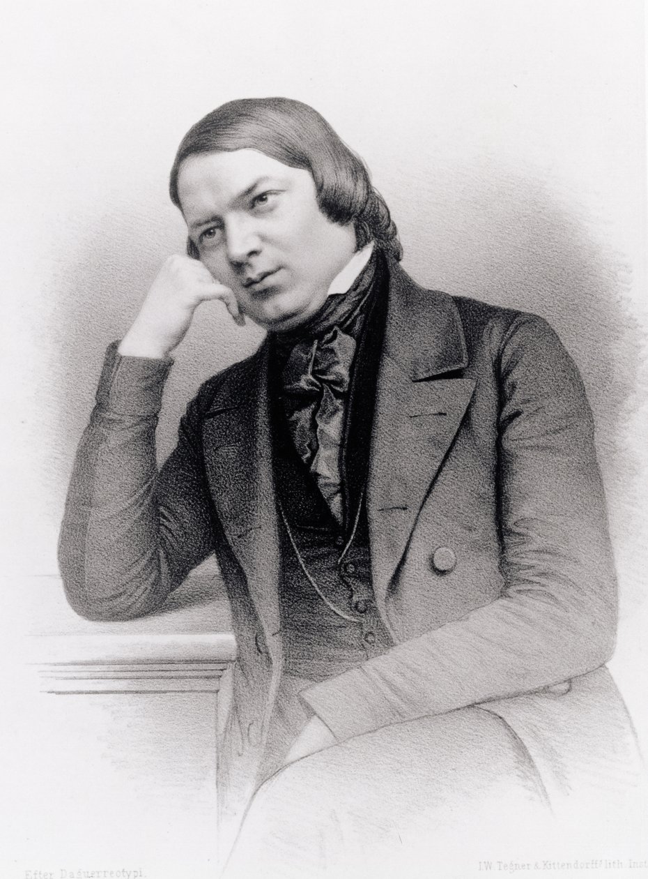 Robert Alexander Schumann (1810-56), tysk komponist, graveret af Isaac Wilhelm Tegner (1815-93) og Johann Adolf Kittendorff (1820-1902), efter en daguerreotypi (litho) af Unbekannt