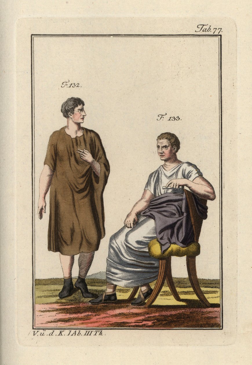 Romersk mand iført paenula og en siddende romersk senator. Håndkoloreret kobberstik fra Robert von Spalarts "Historical Picture of the Costumes of the Principal People of Antiquity and of the Middle Ages" (1798). af Unbekannter Künstler