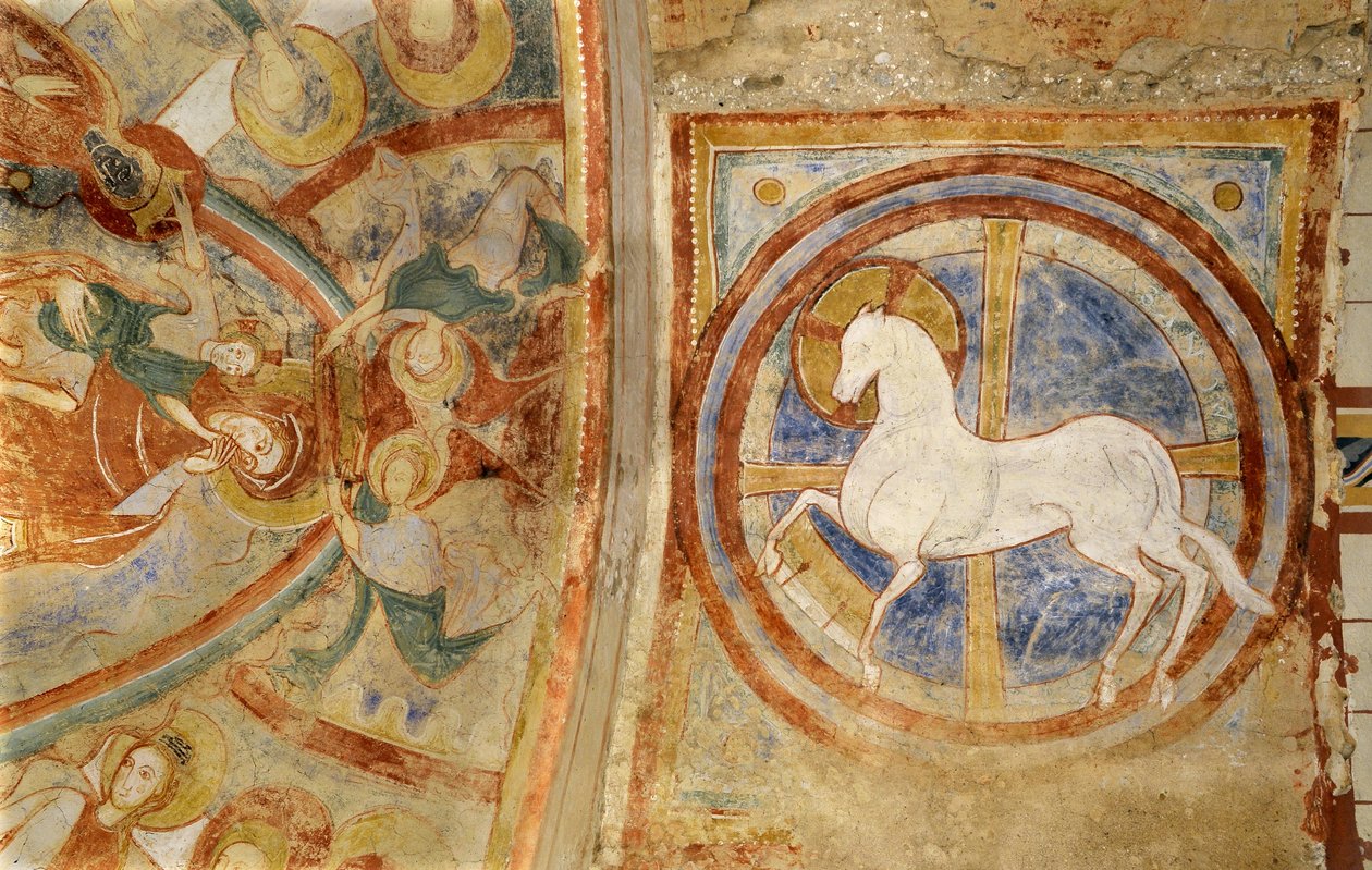 Romansk kunst: Notre Dame-kirken i Montmorillon, Vienne, Poitou-Charentes, Frankrig, freskomalerier fra krypten til prinsesse Sankt Katarina af Alexandria, Apokalypsens lam præsenteret som en hest. Fotografering af Unbekannter Künstler