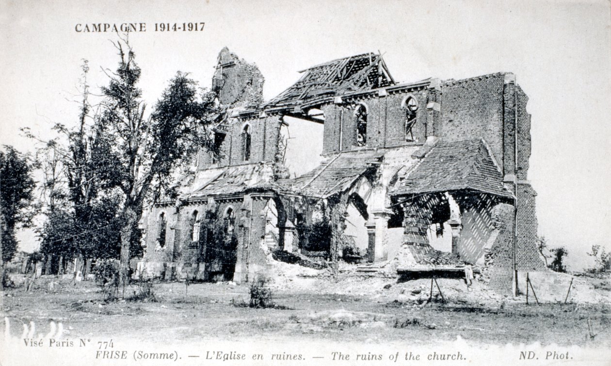 Ruiner af kirken i landsbyen Frise, Somme, Frankrig 1914-1918 (postkort) af Unbekannter Künstler