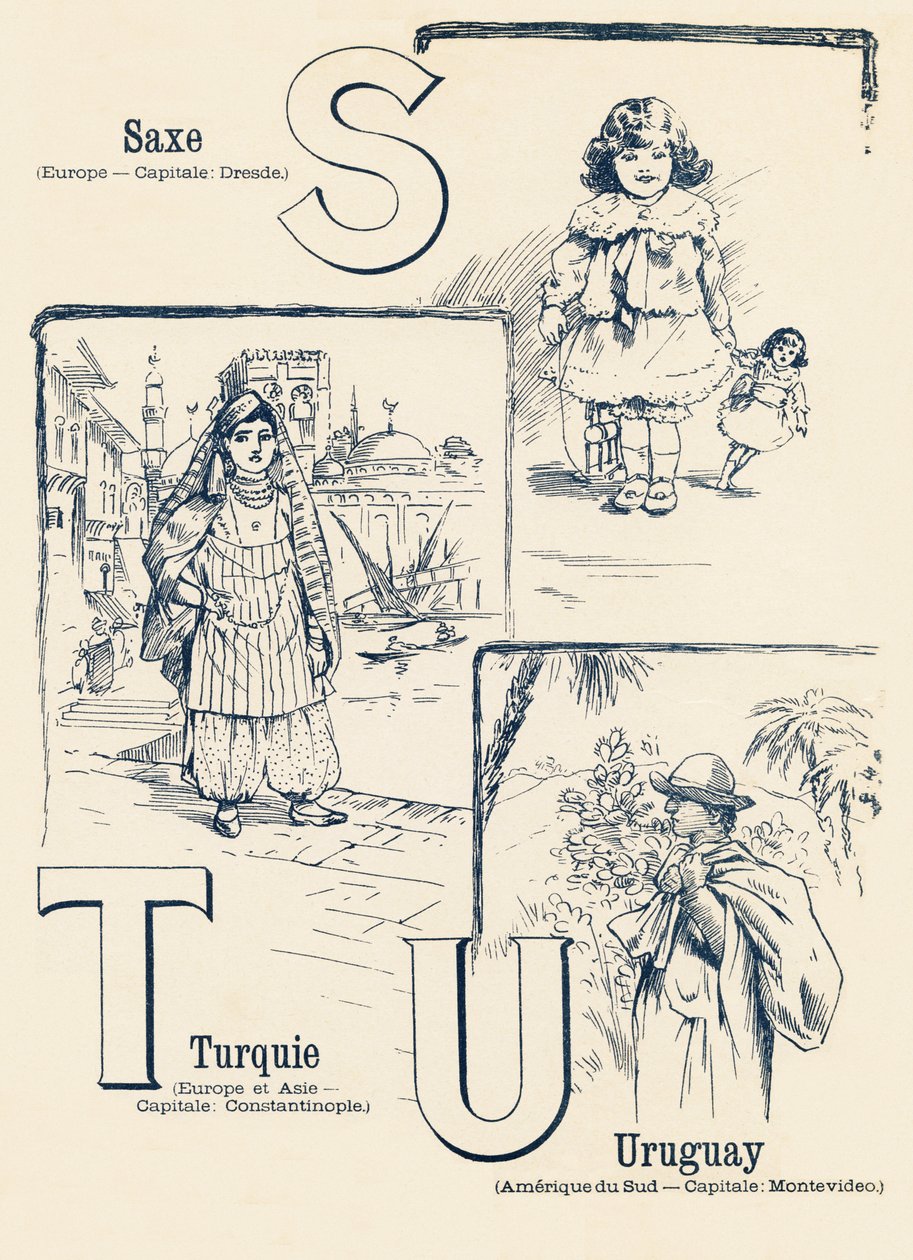 S T U: Sachsen, Tyrkiet, Uruguay - ABC af de to verdener. Emile Guerin, forlag, Paris, omkring 1900. Mål: 27,5 x 21,5 cm af Unbekannt