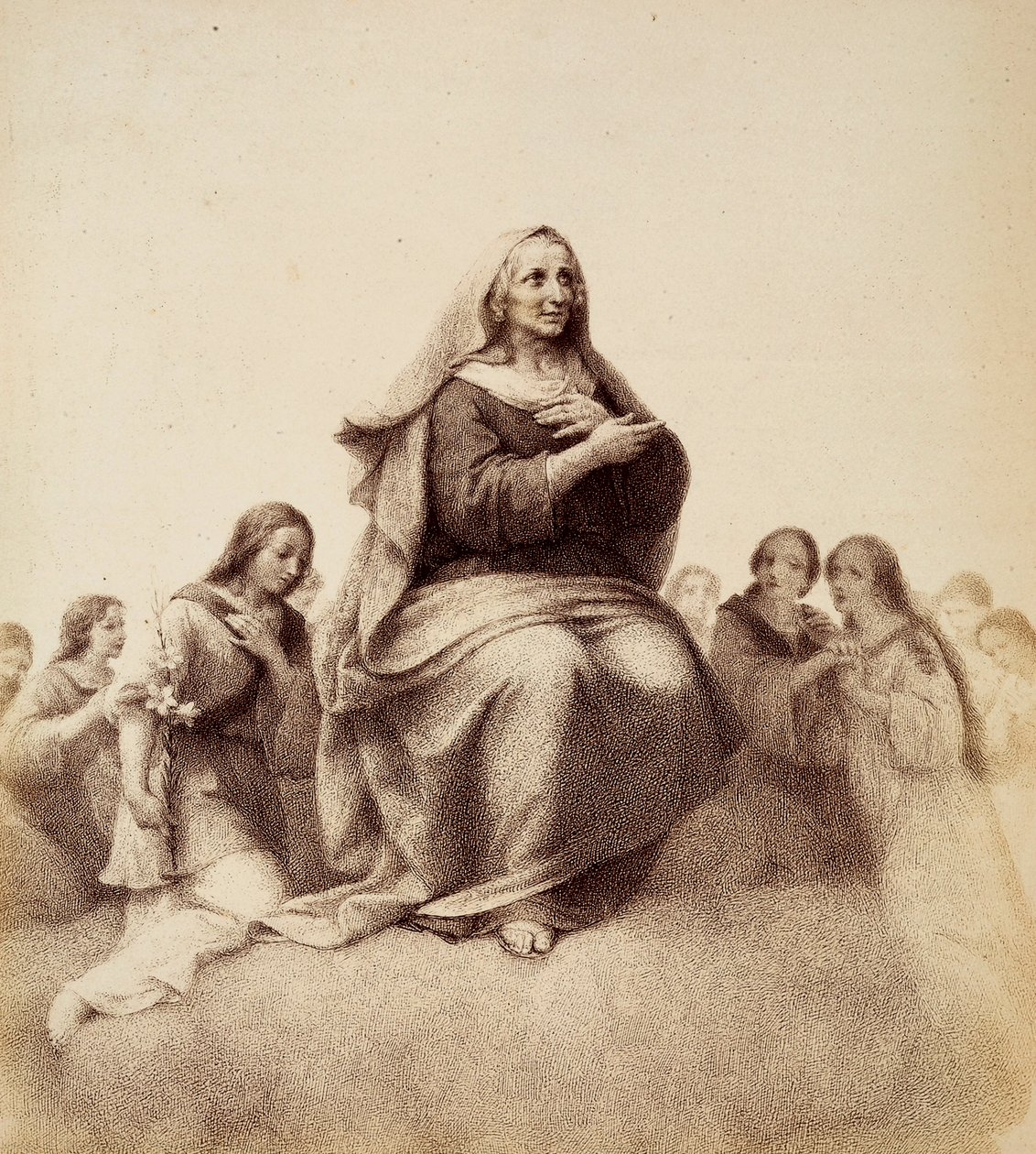 Sankt Anna betragter tilfreds sin datter. Illustration af Canto XXXII i Paradiso i Den guddommelige komedie af Dante Alighieri. Værk af Francesco Scaramuzza dedikeret til Firenzes kommune. af Unbekannter Künstler