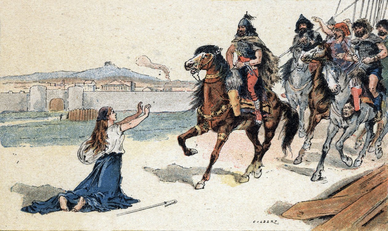 Saint Genevieve (422-502) før hunnernes konge Attila - Barbarinvasioner - Illustration af Camille Gilbert fra 1890 (gravering) af Unbekannt