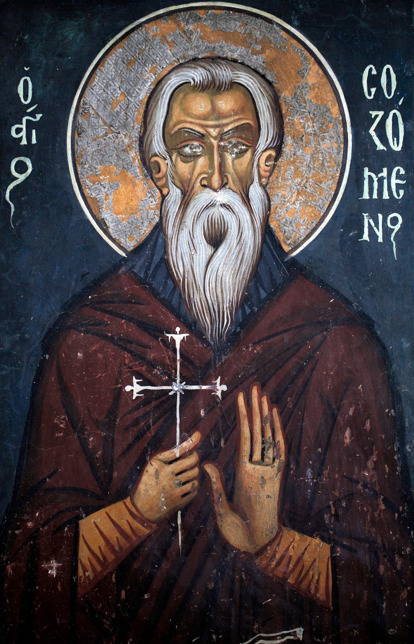 Saint Sozomene, byzantinsk freskomaleri fra det 14. århundrede Nathex, østmuren Phorbiotissa Jomfrukirken, Asinou Unesco-sted Troodos-regionen, Cypern af Unbekannt