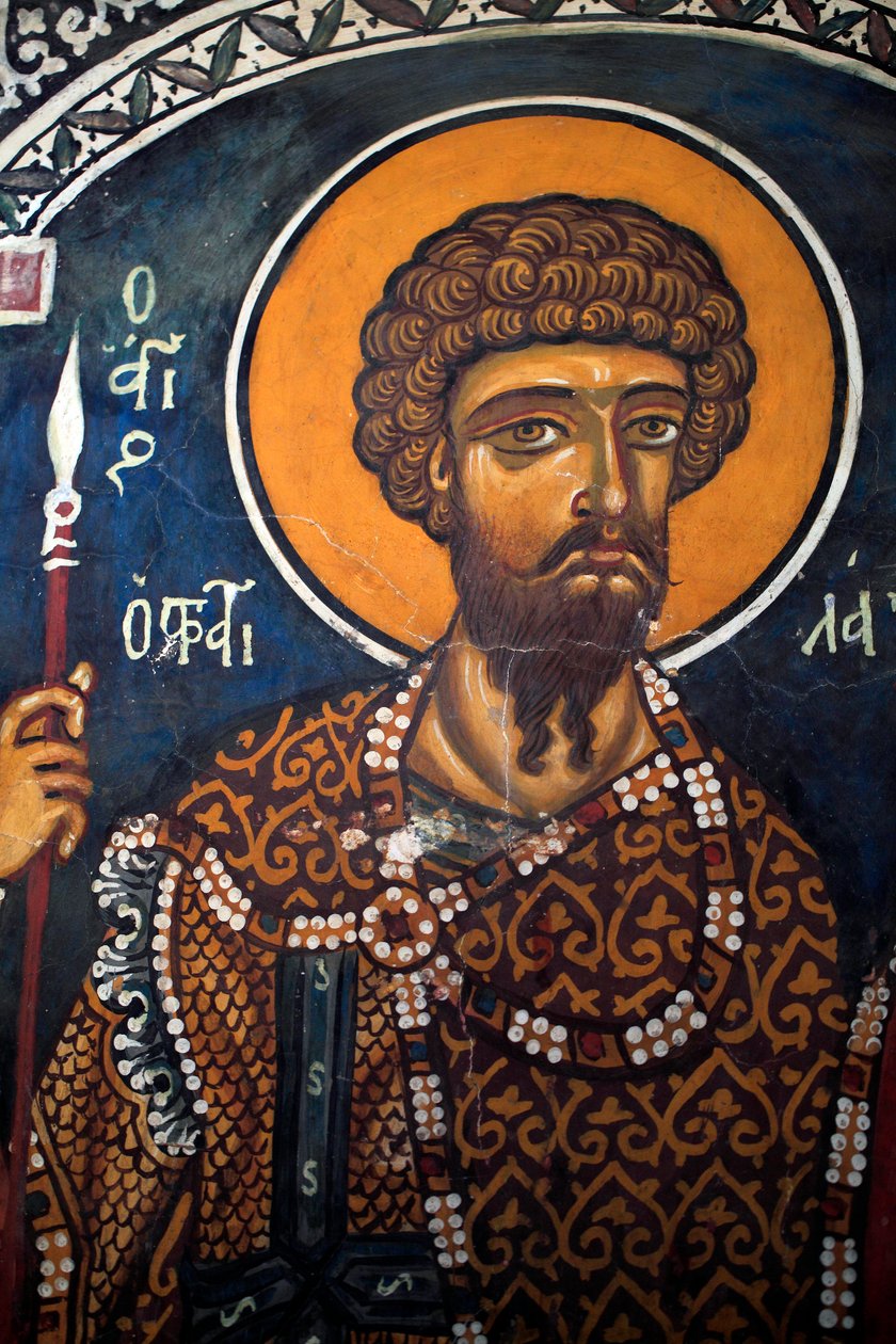 Saint Theodore Stratelates: Byzantinsk fresko fra det 14. århundrede (1332) Jomfrukirken Phorbiotissa, Asinou Cypern Malede kirker UNESCO-sted Troodos, Cypern af Unbekannt