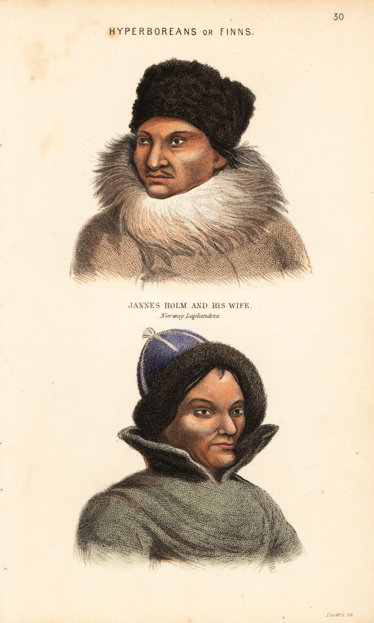 Samer eller lapper. Jannes Holm med pelshue og krave og hans kone med pelshue, norske lapper. Hyperboreere eller finner. Håndkoloreret stålstik af Lizars efter en illustration af Charles Hamilton Smith fra hans Natural History of the Human af Unbekannter Künstler
