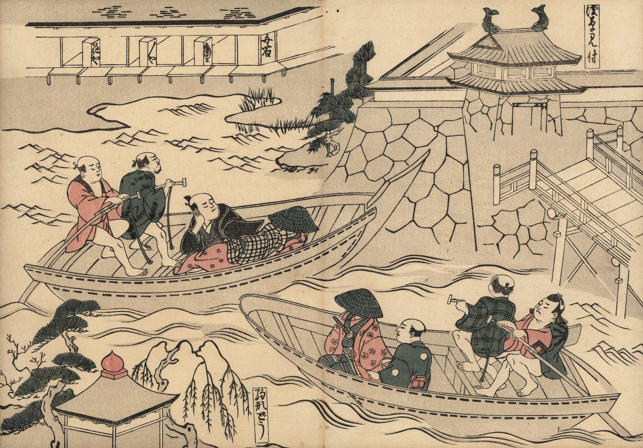 Samurai krydser floden (ved Akasaka Mitsuke) i en båd på vej til Yoshiwaras forlystelseskvarter. Træsnit af Masanobu Okumura (1686-1764) fra Fuzoku Emakimono, Picture Scroll of the Water Trade, Tokyo, genoptryk ca. 1880. af Unbekannter Künstler