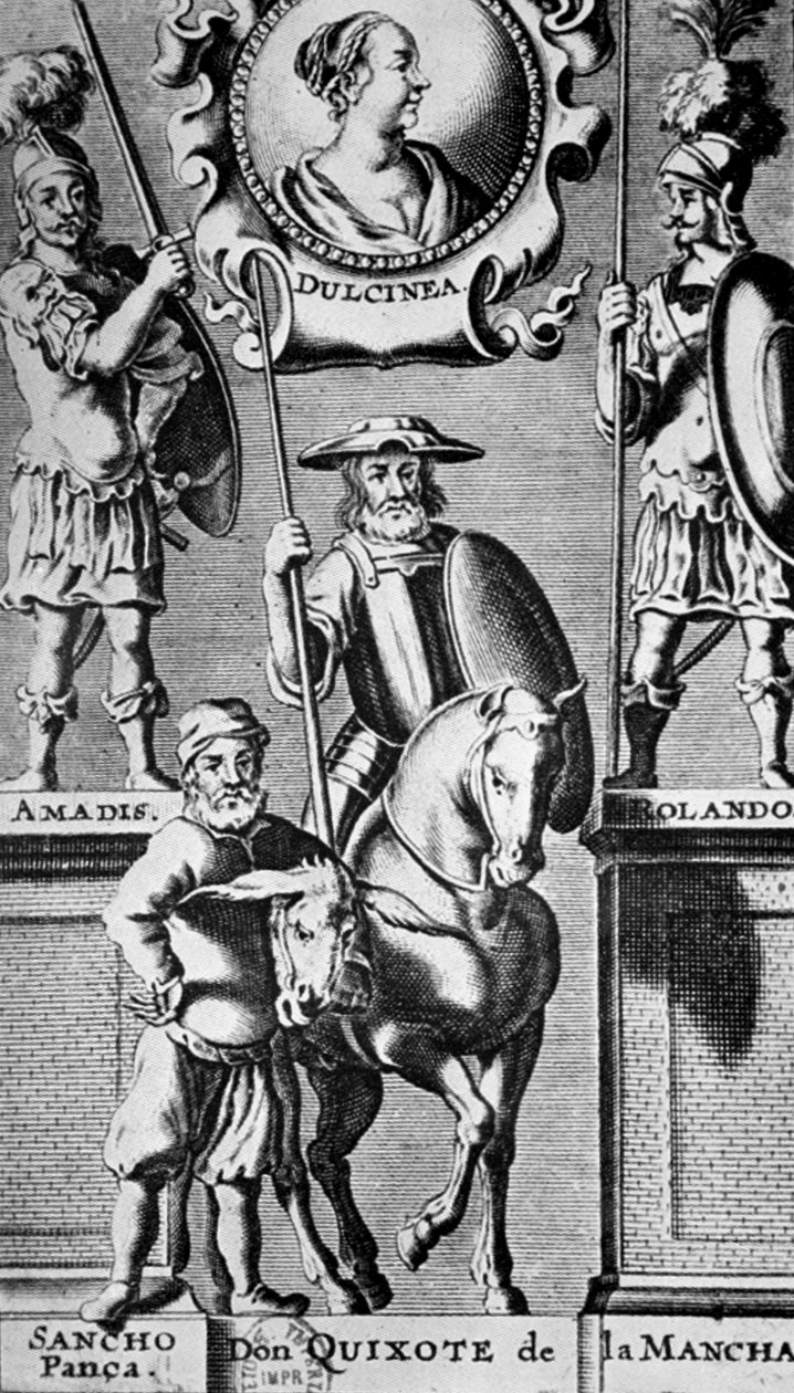 Sancho Panza og Don Quixote, under portræt af Dulcinee (efter Miguel de Cervantes) af Unbekannter Künstler