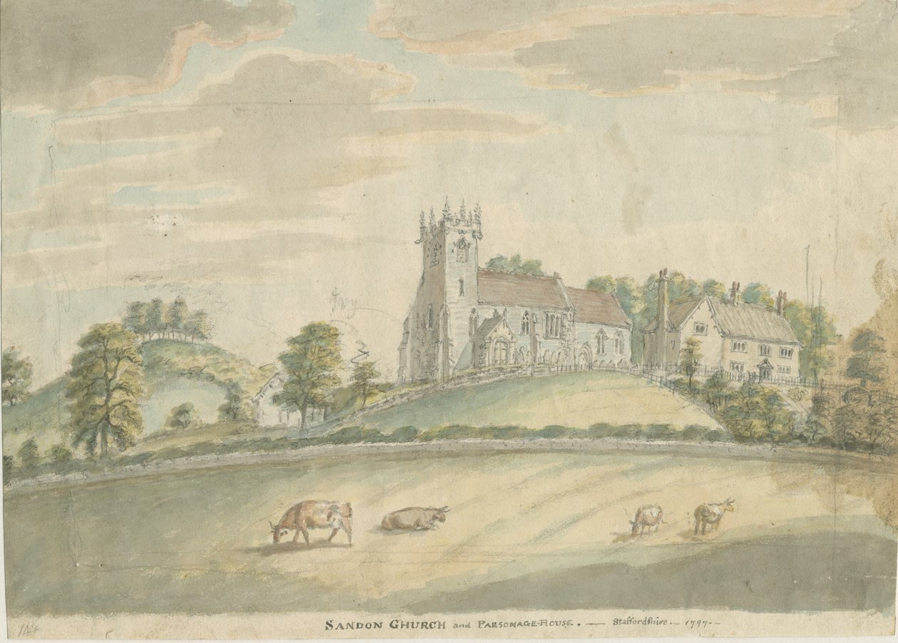 Sandon kirke og præstegård: vandfarvemaleri, 1797 af Unbekannt