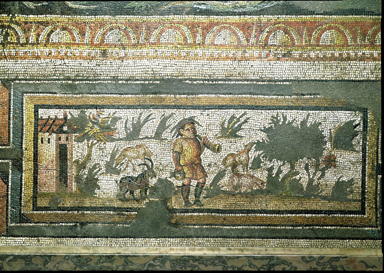 Scene af en gedehyrde med sine geder, detalje af grænsen fra en mosaikbelægning, der afbilder årstiderne og jagtscenerne, fra den konstantinske villa i Daphne, Roman, ca. 325-330 e.Kr. (marmor, kalksten og glas) af Unbekannt