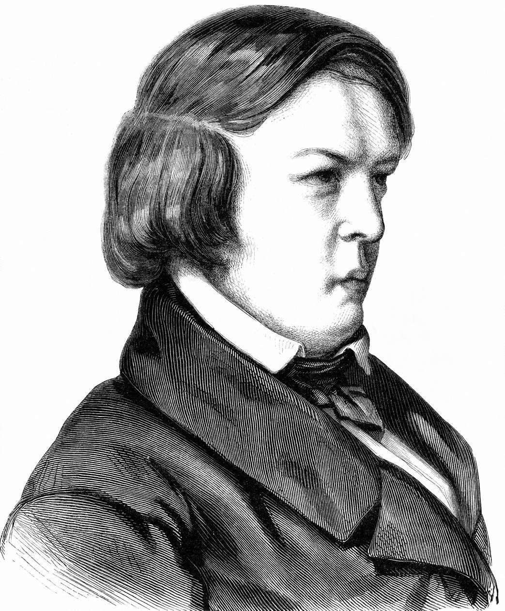Schumann, Robert , tysk komponist , født 08. 06. 1810 i Zwickau, død 29. 07. 1856 i Endenich nær Bonn, træsnit omkring 1860 af Unbekannter Künstler