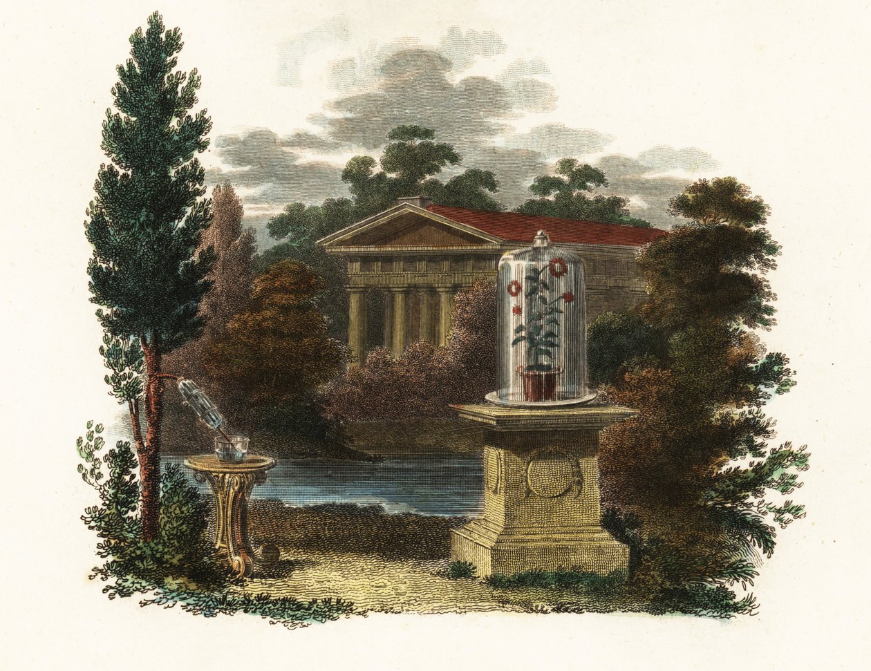 Videnskabelige opfindelser af Stephen Hales i en have.1802 (gravering) af Unbekannter Künstler