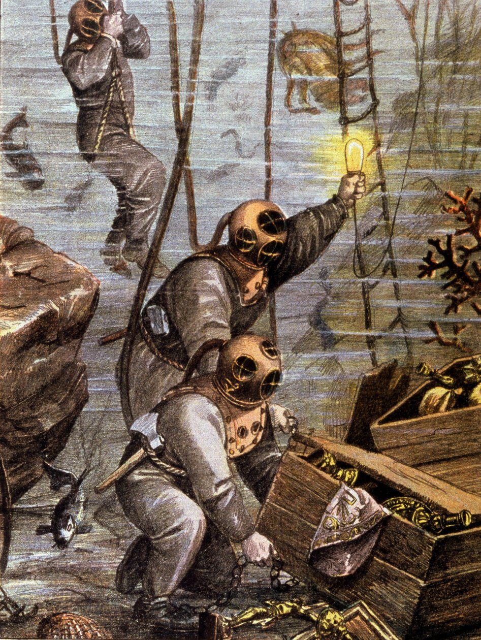 Dykker opdager undervandsskat, begyndelsen af det 20. århundrede (illustration) af Unbekannter Künstler