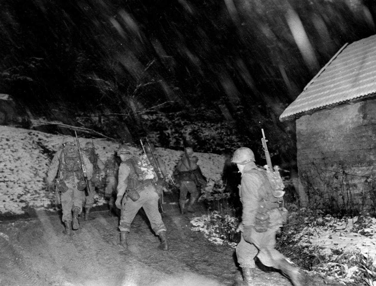 Anden Verdenskrig (1939-1945) - Anden Verdenskrig (2. Verdenskrig eller Anden Verdenskrig): Langefosse-regionen (Vosgeserne) November 1944: Infanterister fra 142. RI i 36. DI i den 7. amerikanske hær vender tilbage fra linjerne under en snestorm af Unbekannt