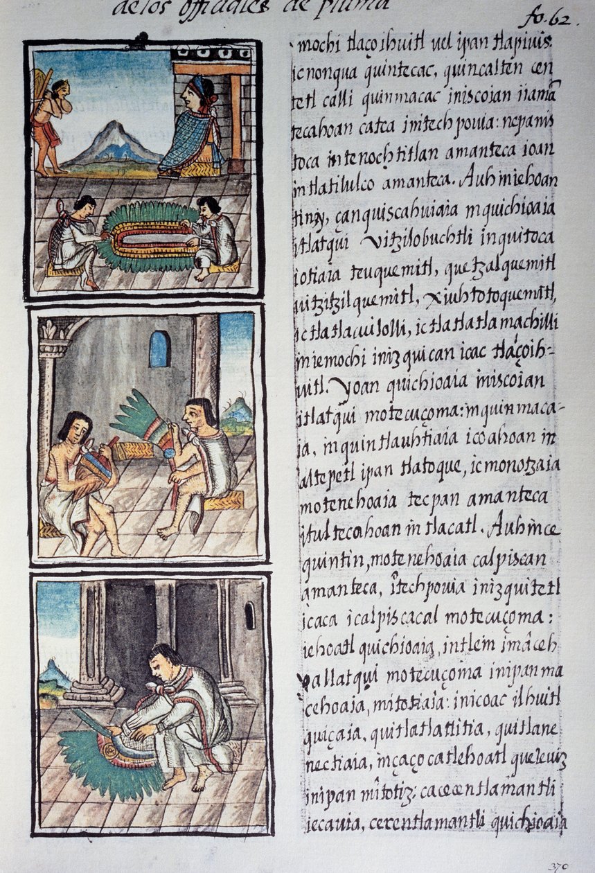 Sæt med udsmykninger og kejsernes fjerhovedbeklædning, side fra Florentine Codex, tosproget version på spansk og Nahuatl, General History of Things of New Spain, af den spanske missionær Fray Bernardino de Sahagun. Aztekisk civilisation af William M. Timlin