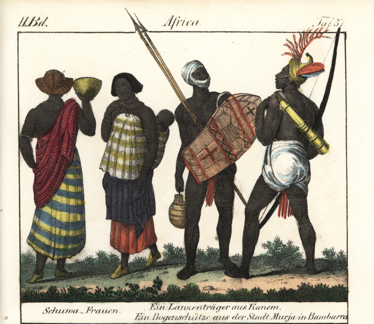 Shoua-kvinder med en baby, et spyd og en bueskytte fra Kanem-riget (Tchad og Libyen). Litografi til bogen: "Galerie complete en tableaux fideles des peuples d