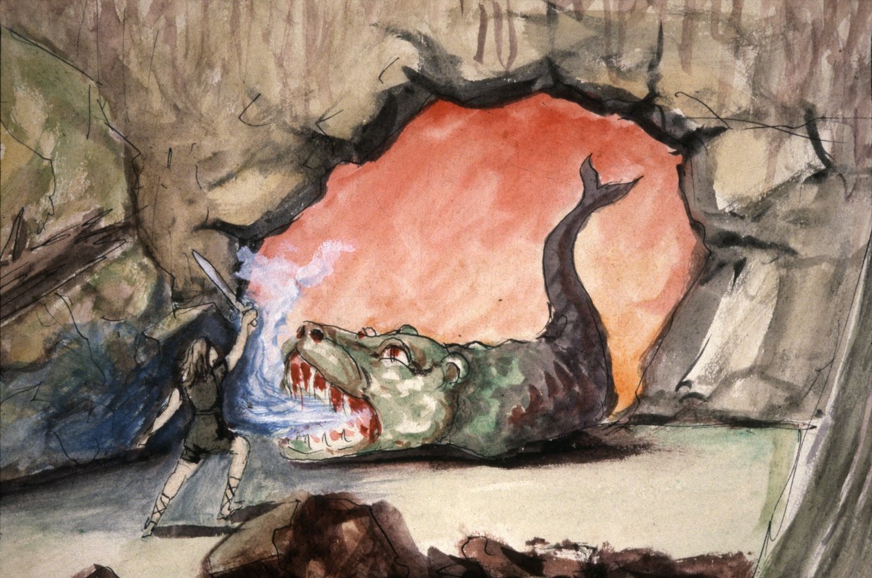 Siegfried dræber dragen Fafner, slutningen af det 19. århundrede (illustration) af Unbekannter Künstler