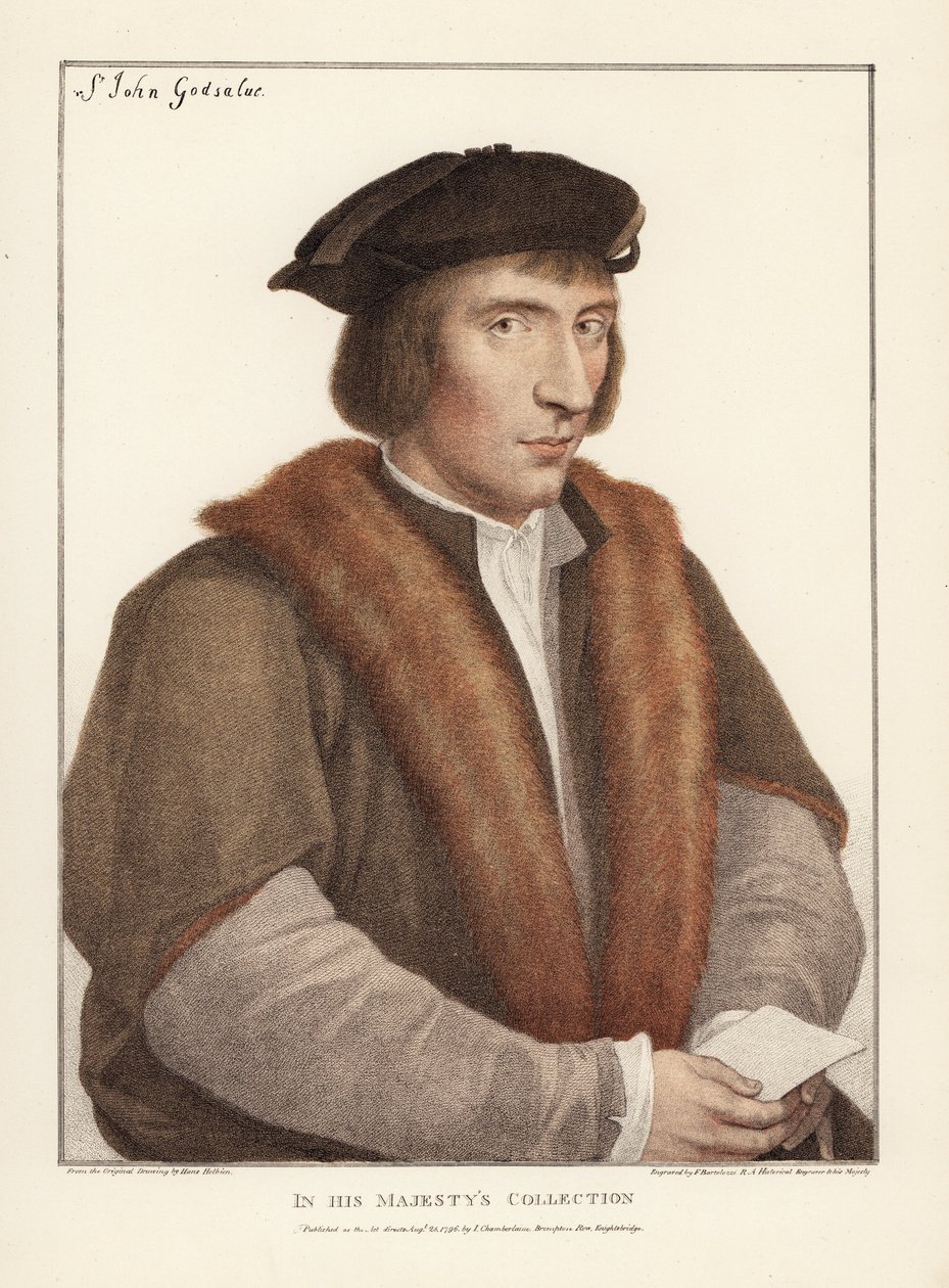 Sir John Godsalve, fra Norwich, Norfolk, engelsk politiker (d. 1556). Håndkoloreret kobberstik af Francis Bartolozzi efter Hans Holbein fra Faksimiles of Original Drawings by Hans Holbein, Hamilton, Adams, London af Unbekannter Künstler
