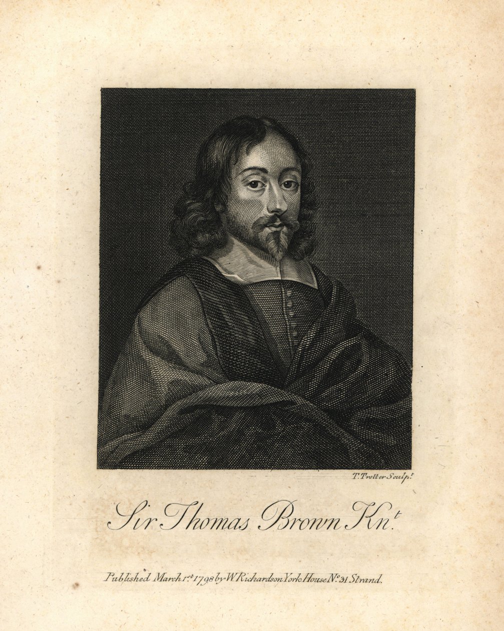 Sir Thomas Brown, engelsk universalgeni og forfatter inden for videnskab, medicin, religion og esoterik, død 1682. Kobberstik fra William Richards Portraits Illustrating Granger