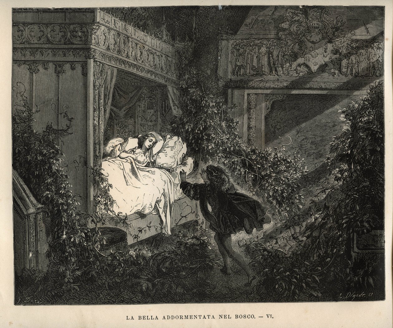 Sovende skønhed: Prinsen opdager den sovende prinsesse i hundrede år. Gravering af Gustave Dore (1832-1883) fra "" Les contes"" af Charles Perrault (1628-1703) af Unbekannt