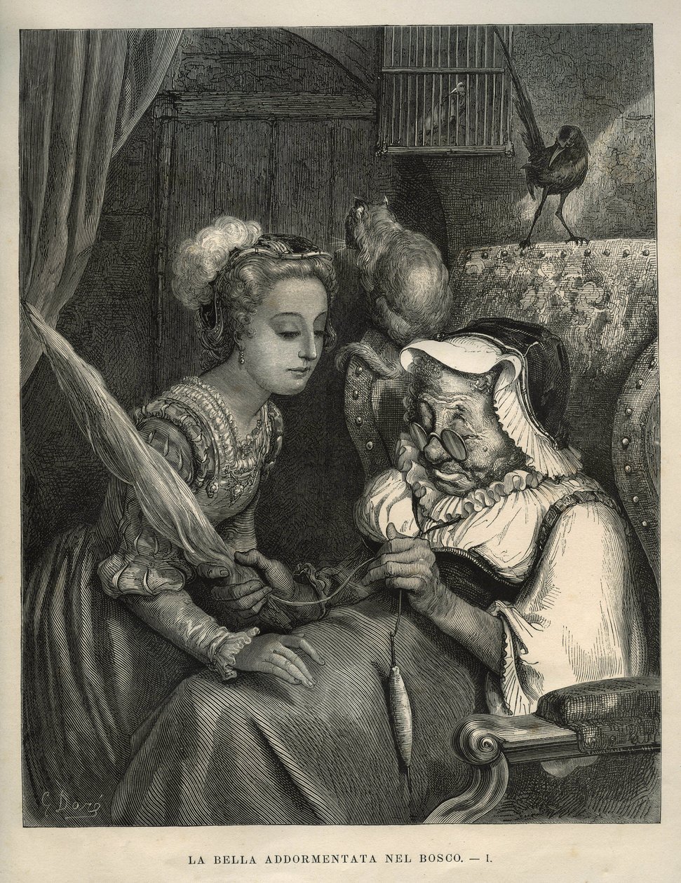 Tornerose: Prinsessen opdager en gammel kvinde, der spinder uld. Gravering af Gustave Dore (1832-1883) fra "" Les contes"" af Charles Perrault (1628-1703) af Unbekannt
