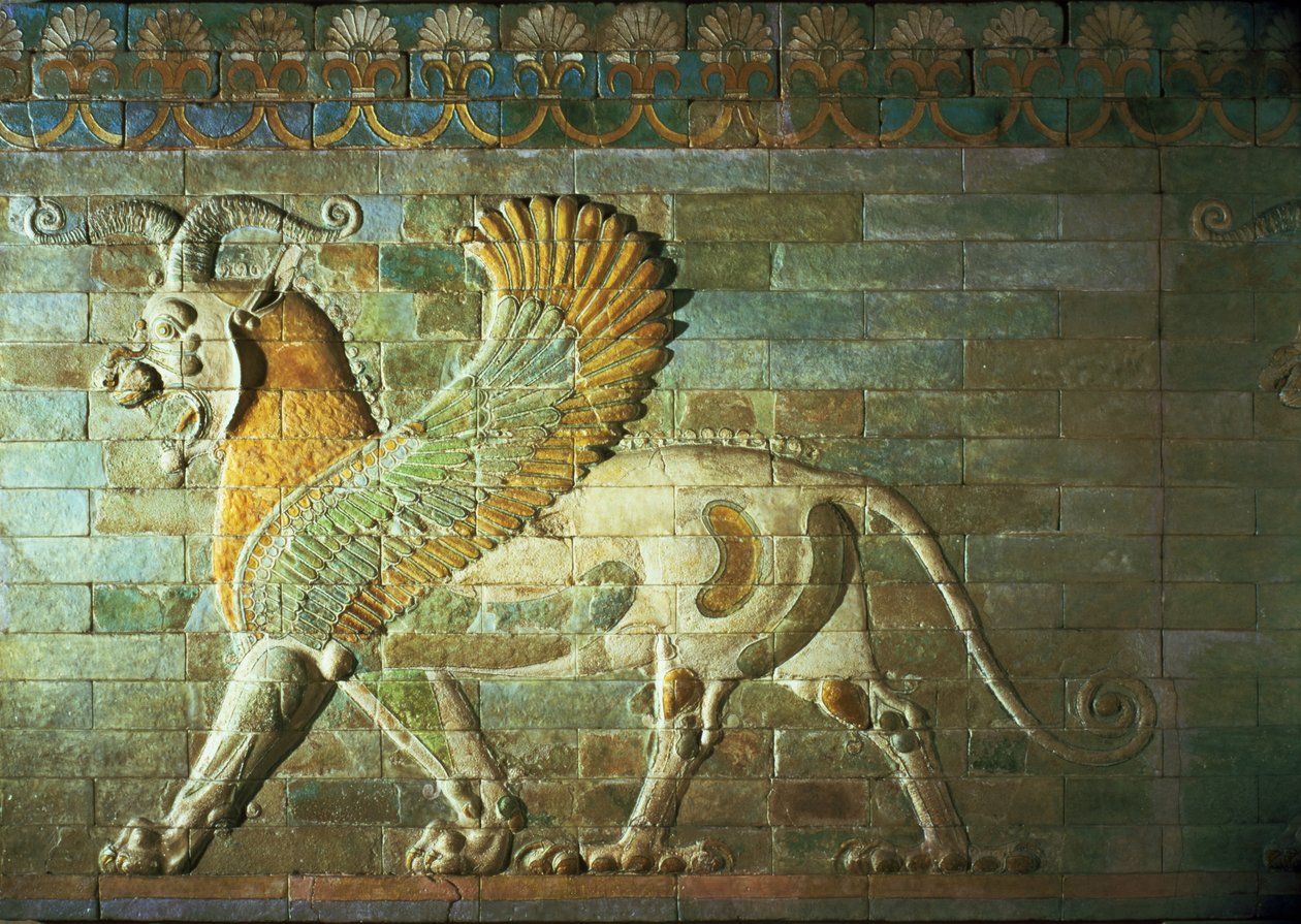 Sphinx, detalje fra en frise, mesopotamisk, ca. 500 f.Kr. (polykrom glaseret mursten) af Unbekannt