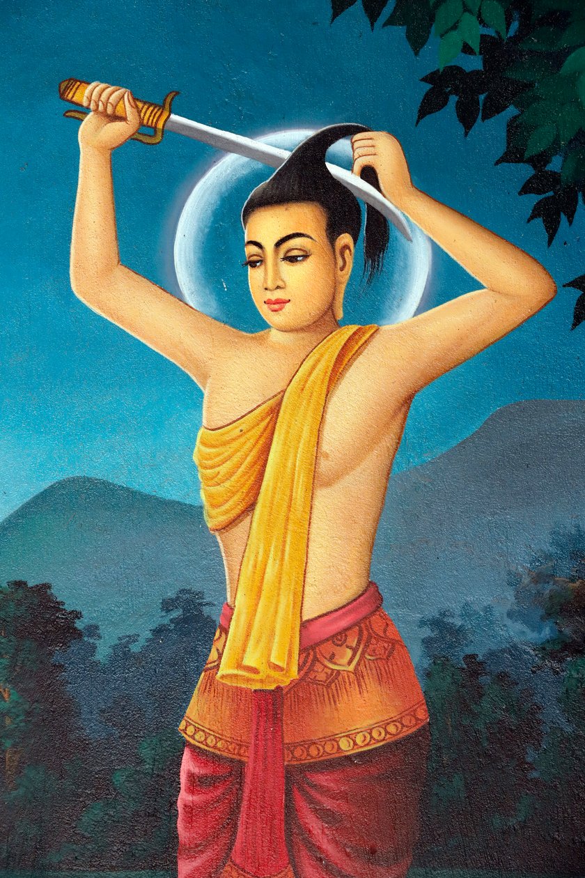 Srahchork Buddhist Kloster. Maleri, der skildrer Shakyamuni Buddhas livshistorie. Prins Siddhartha klippede sit hår af for at give afkald på det verdslige liv ved bredden af Anoma-floden. Phnom Penh. Cambodja. (Foto) af Unbekannt