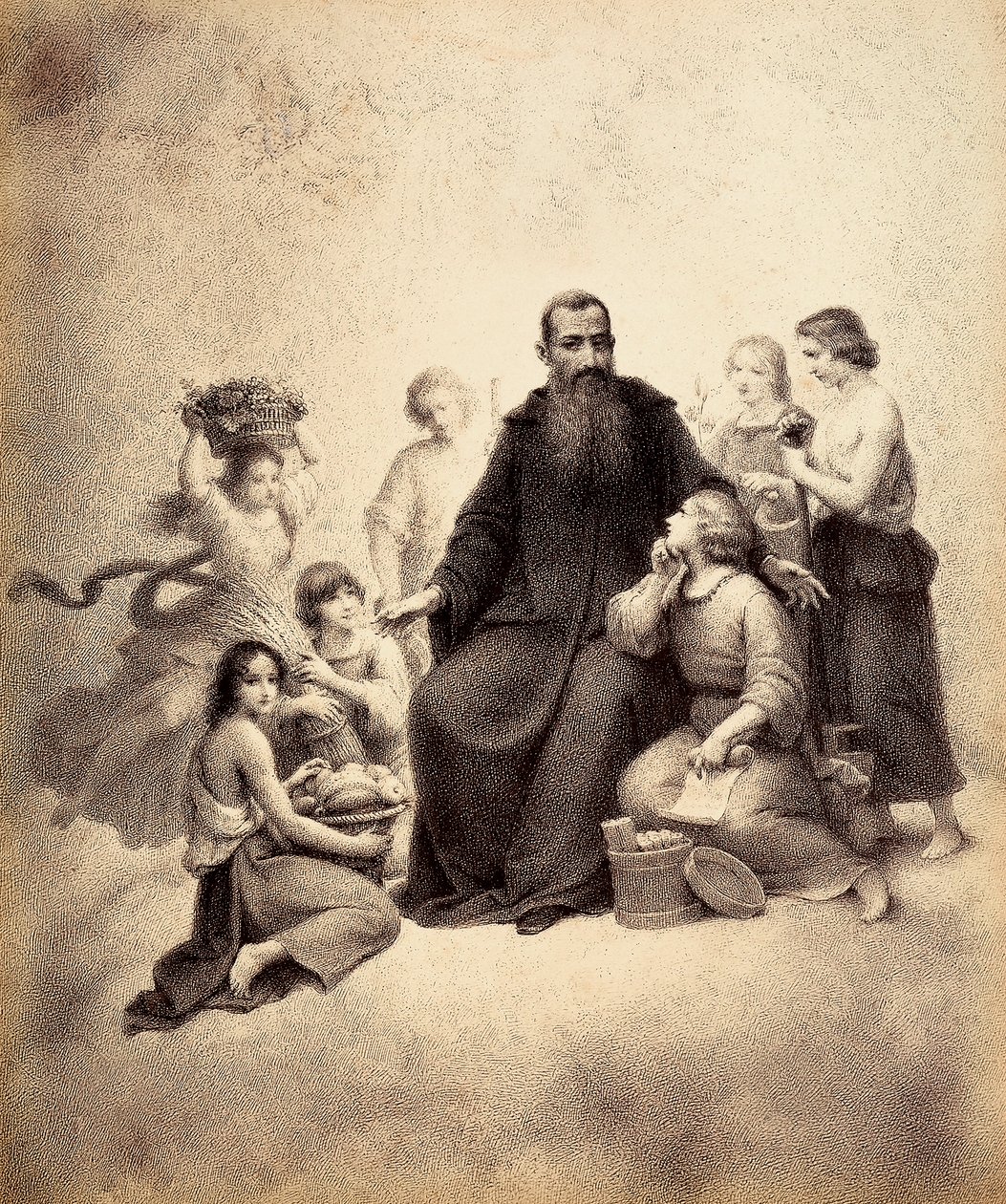 Den tronende Sankt Benedikt er omgivet af unge med hvedebundter og frugtkurve. Illustration af Canto XXXII i Paradiso i Den guddommelige komedie af Dante Alighieri. Et værk af Francesco Scaramuzza dedikeret til Firenzes kommune. af Unbekannter Künstler