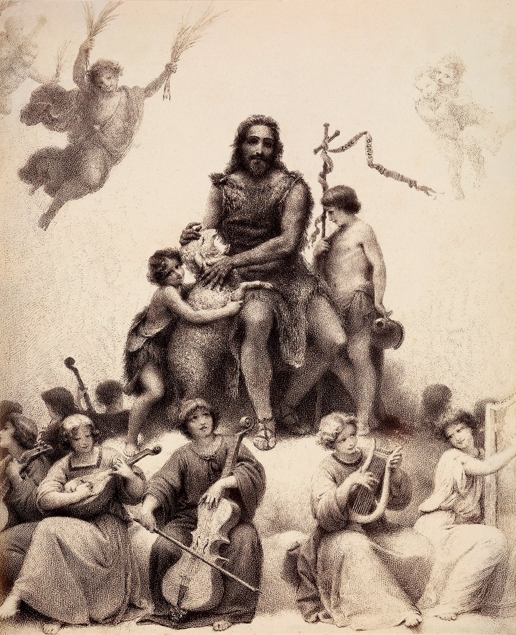 Johannes Døberen sidder omgivet af musikalske engle og kærtegner et lam på dets hoved. Illustration af Canto XXXII i Paradiso i Den guddommelige komedie af Dante Alighieri. Værk af Francesco Scaramuzza dedikeret til Firenzes kommune. af Unbekannter Künstler