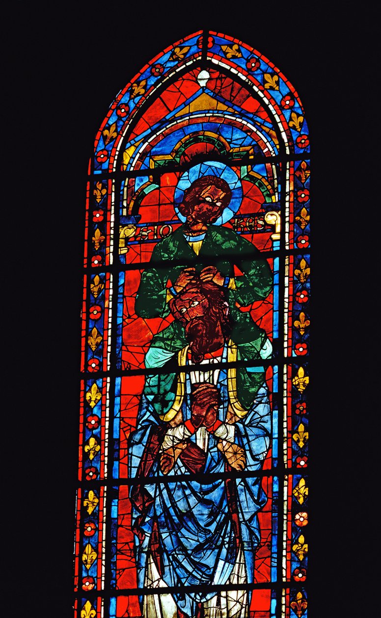 Evangelisten Johannes rider på Ezekiels skuldre, lancetvindue i det sydlige tværarm, ca. 1217-25 (farvet glas) af Unbekannt