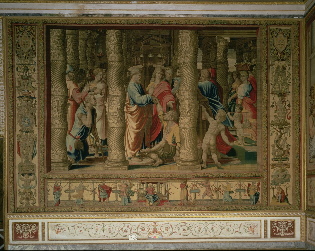 St. Peter og St. John helbreder en krøbling ved templets port, fra Bruxelles-tapeterne, kopier af Rafaels Vatikanets tegneserier af Apostlenes Gerninger (tæppe) af Unbekannt