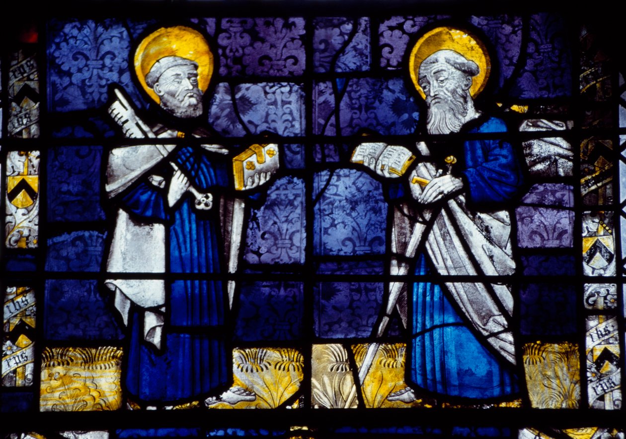 St. Peter og St. Paul, farvet glasvindue fra Priory Church, Le Bourget du Lac, Savoy, Frankrig af Benjamin Baud