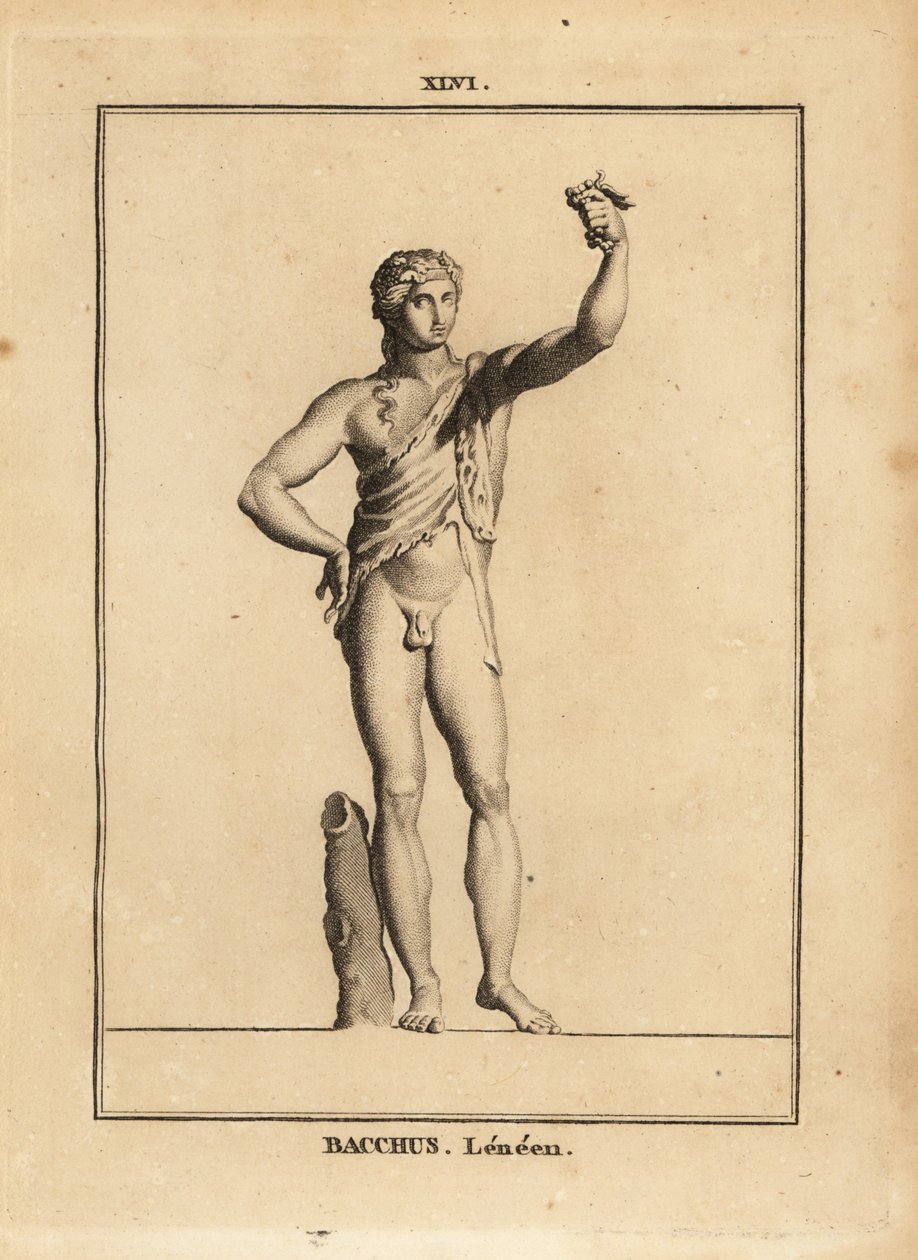 Statue af Bacchus Lenaios, den romerske vingud, nøgen men for et løveskind, der presser en klase druer af Unbekannt