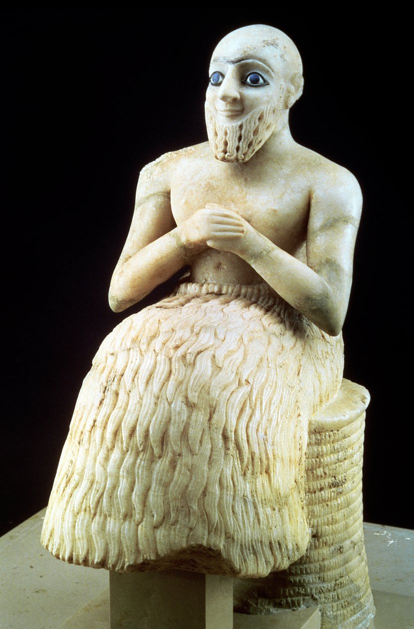 Statue af den officielle Ebih-Il, fra Ishtar-templet ved Mari, Hettite, Irak, Mellem Eufrat, Sumerisk, tidlig dynastisk periode, ca. 2500 f.Kr. (gips & lapis lazuli) (se også 71507) af Unbekannt