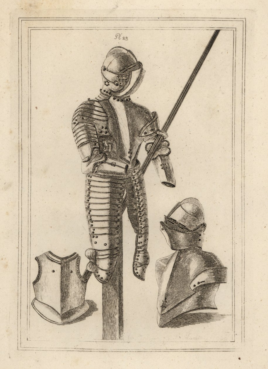 Dragt af vippepanser med grand guard og lansestøtte fra Tower of London 1, hjelm og grand guard 2, bryststykke af en kurass 3 af Unbekannt