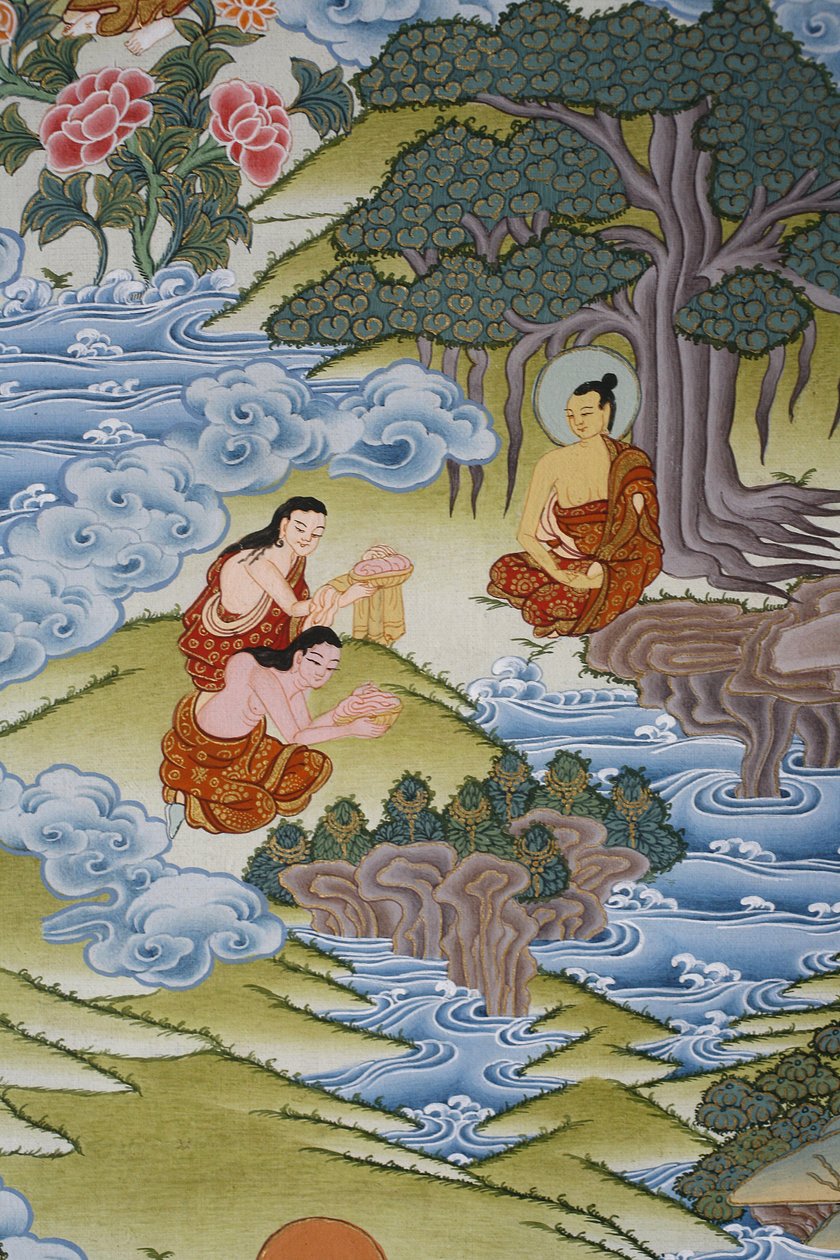 Sujata giver mælkeris til Buddha. Thangka, Bhaktapur, Nepal af Unbekannt