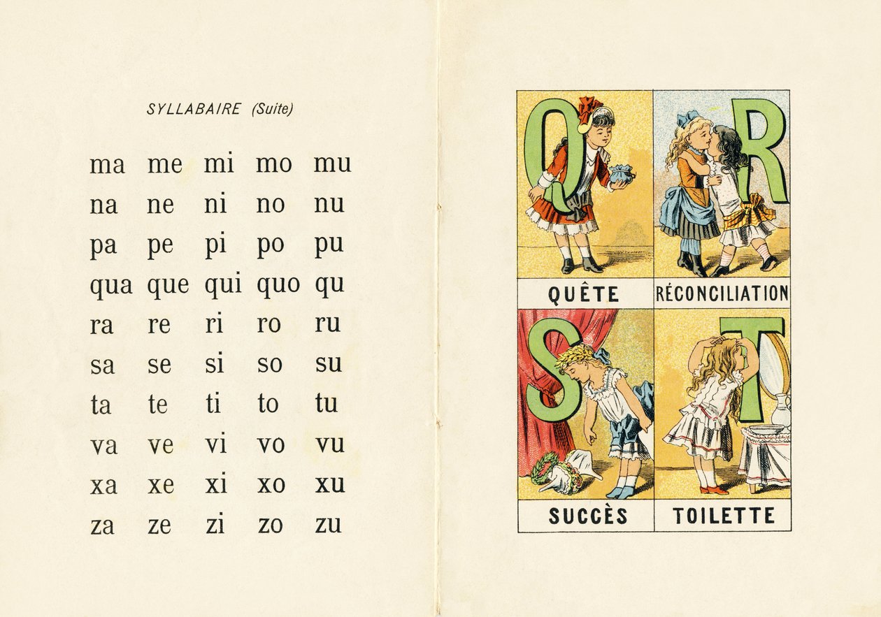 Syllabary og Q R S T - Indgravering fra ABCD af små piger. Pellerin & Cie, trykkeri-udgiver, Epinal, omkring 1890. Serie A. Mål: 19 x 13,5 cm. af Unbekannt