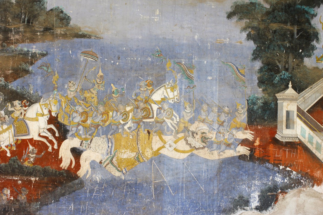 Sylver Pagoda Dette vægmaleri viser scener fra Reamker, som er den cambodjanske eller khmeriske version af det klassiske hinduistiske digt Ramayana, Phnom Penh, Cambodia af Unbekannt