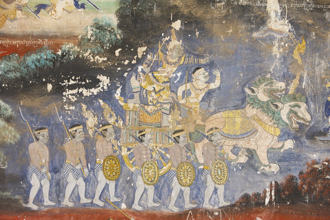 Sylver Pagoda Dette vægmaleri viser scener fra Reamker, som er den cambodjanske eller khmeriske version af det klassiske hinduistiske digt Ramayana, Phnom Penh, Cambodia af Unbekannt