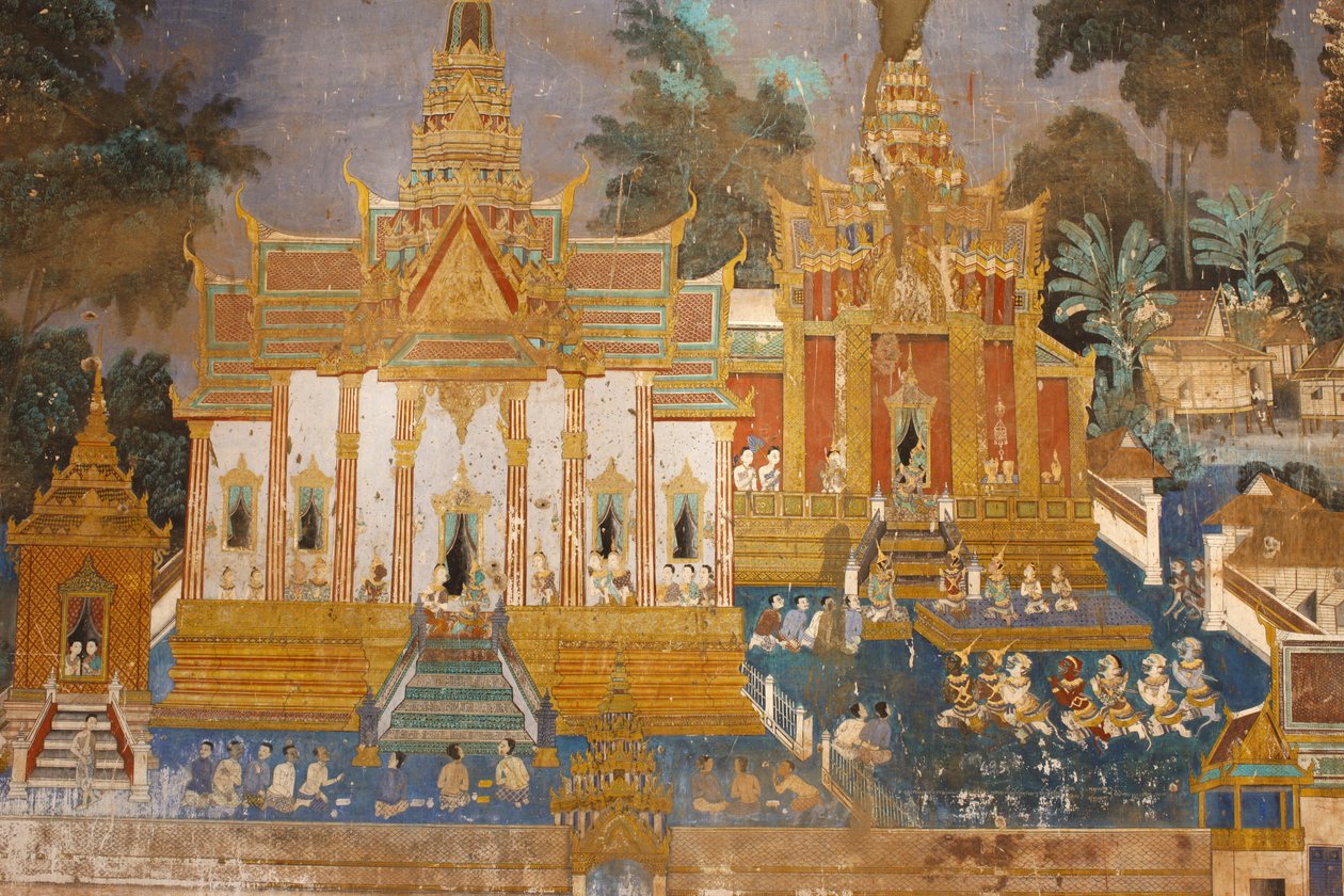 Sylver Pagoda Dette vægmaleri viser scener fra Reamker, som er den cambodjanske eller khmeriske version af det klassiske hinduistiske digt Ramayana, Phnom Penh, Cambodia af Unbekannt
