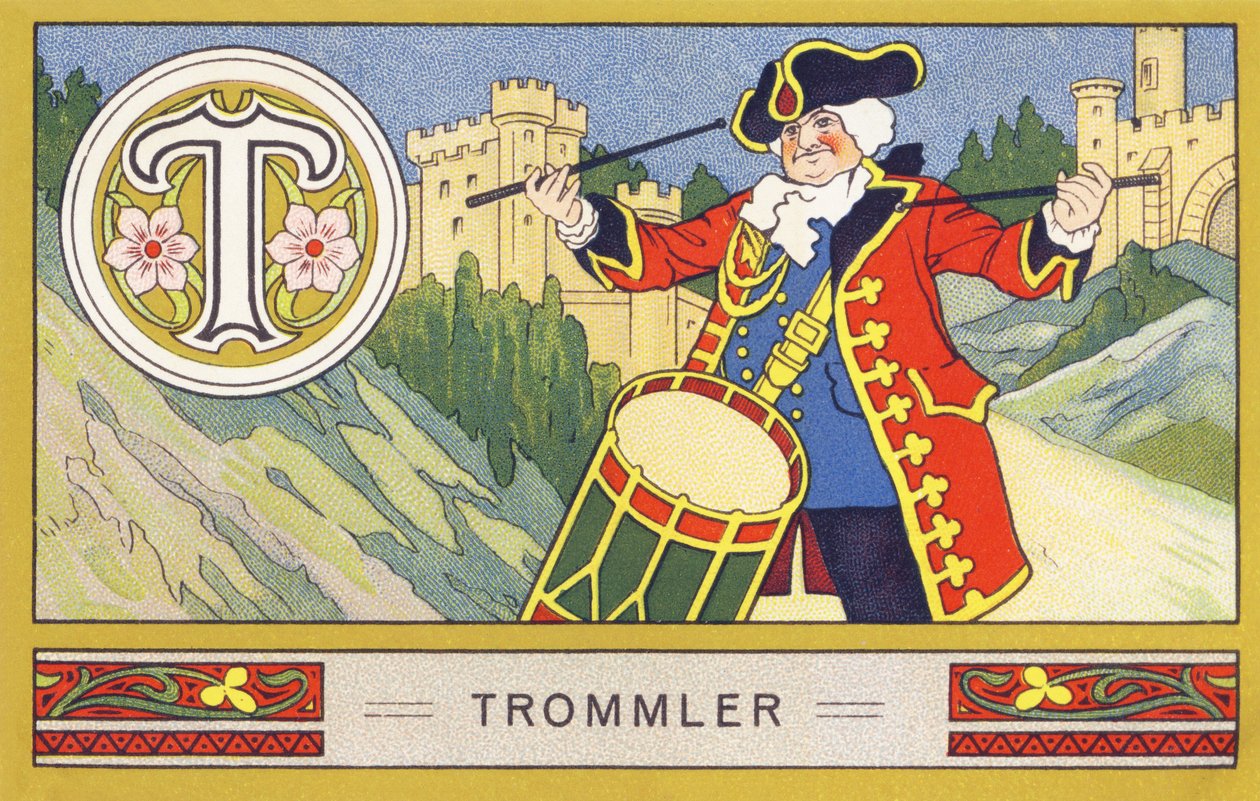 T : Trommeslager - Alphabet Palmin. Serie af kromolitografier redigeret af H. Schlinck & Cie, Hamburg, s. d. . Annonce for Palmins fineste kokosolie. Mål: 7 x 11 cm af William M. Timlin