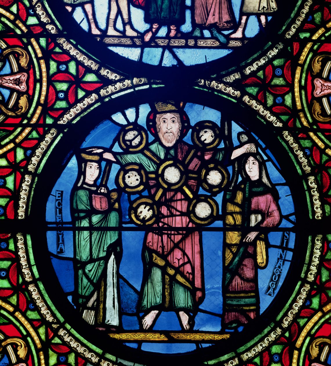 Pagtens ark-vindue, detalje af Gud med kirken og synagogen af Unbekannt