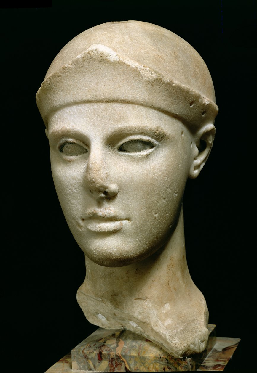 Athenaen fra Aegina, iført hjelm, hovedet af en statue, græsk, Æginetansk, ca. 460 f.Kr. (marmor) af Unbekannt