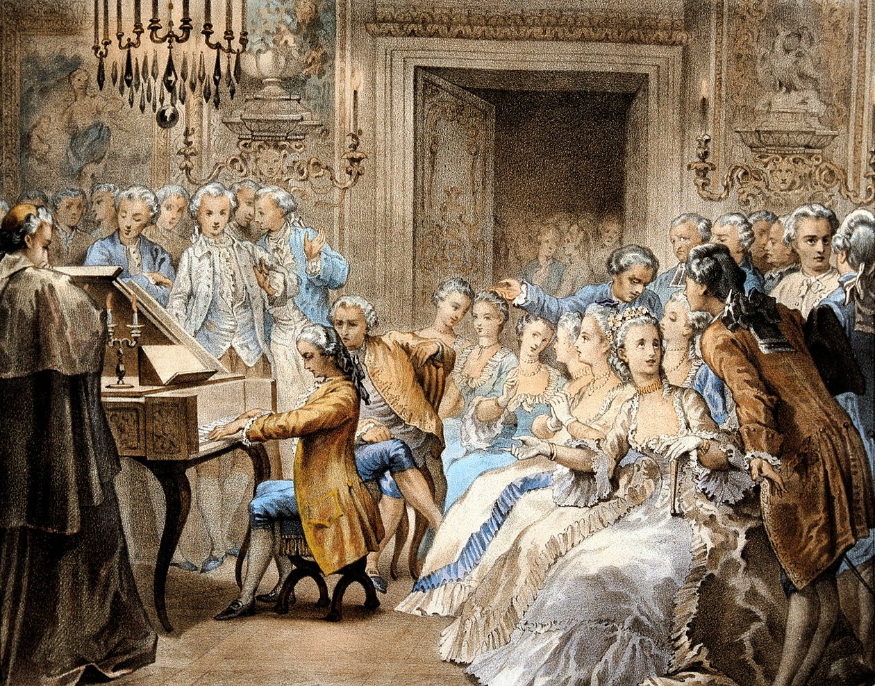 Den østrigske komponist Wolfgang Amadeus Mozart (1756-1791) i en alder af 14 år spiller Gregorio Allegris "Miserere" efter hukommelsen. af Unbekannter Künstler