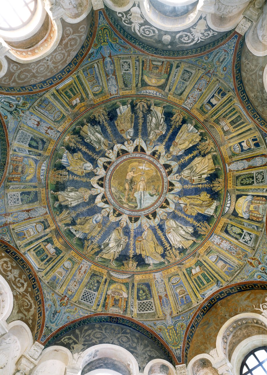 Kristi dåb omgivet af apostlene, fra hvælvingen af den centrale kuppel, det 5. århundrede (mosaik) af Unbekannt