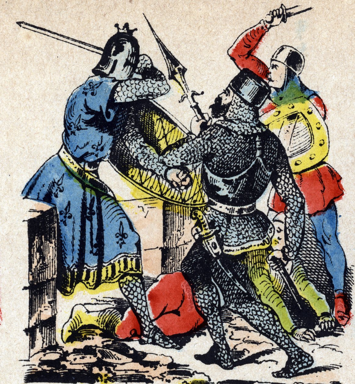 Slaget ved Taillebourg mellem den franske konge Ludvig IX og hans bror, greven af Poitiers Alphonse, mod deres vasaloprørere, Henrik III af England og Hugues X af Lusignan. Epinal-billede fra det 19. århundrede (kobberstik) af Unbekannter Künstler