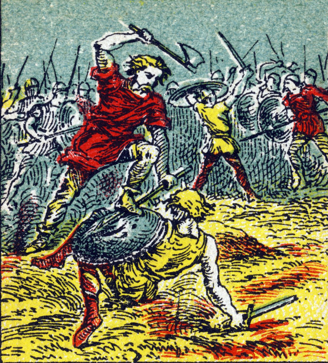 Slaget ved Vouille, hvor Clovis I besejrede vestgoterne i 507. Indgravering i "Histoire de France". Serie af reklamebilleder udgivet på vegne af Louit, 24 rue d