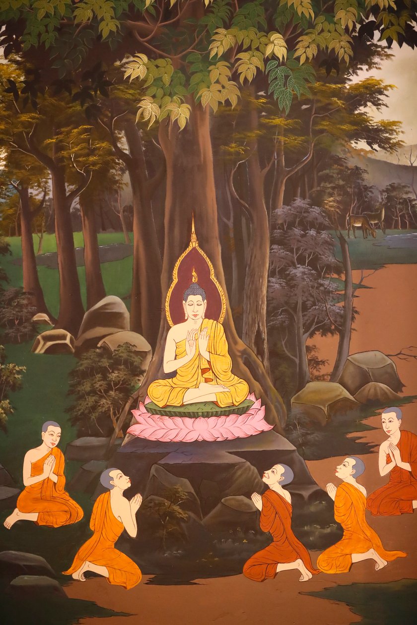 Buddha prædikede sin første prædiken for de fem munke, Wall fresco, Wat Botum templet, Phnom Penh, 2022 (foto) af Unbekannter Künstler