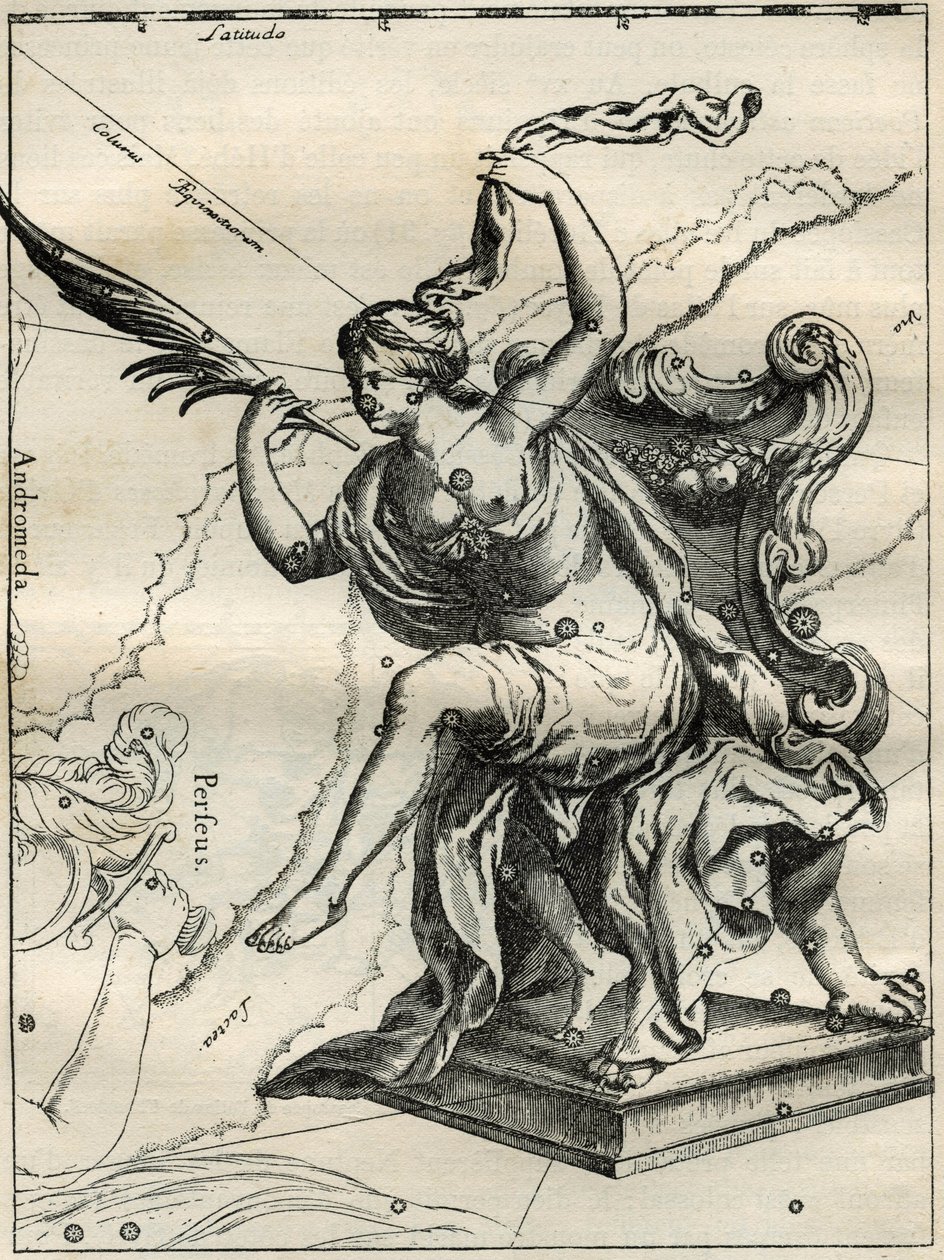 The Cassiopee of the Atlas of Hevelius (1690): Cassiopee, hustru til den etiopiske kong Cephee, siddende på en lænestol prydet med palmer. Gravering fra "The Stars and Other Curiosities of the Sky" af Camille Flammarion af Unbekannt