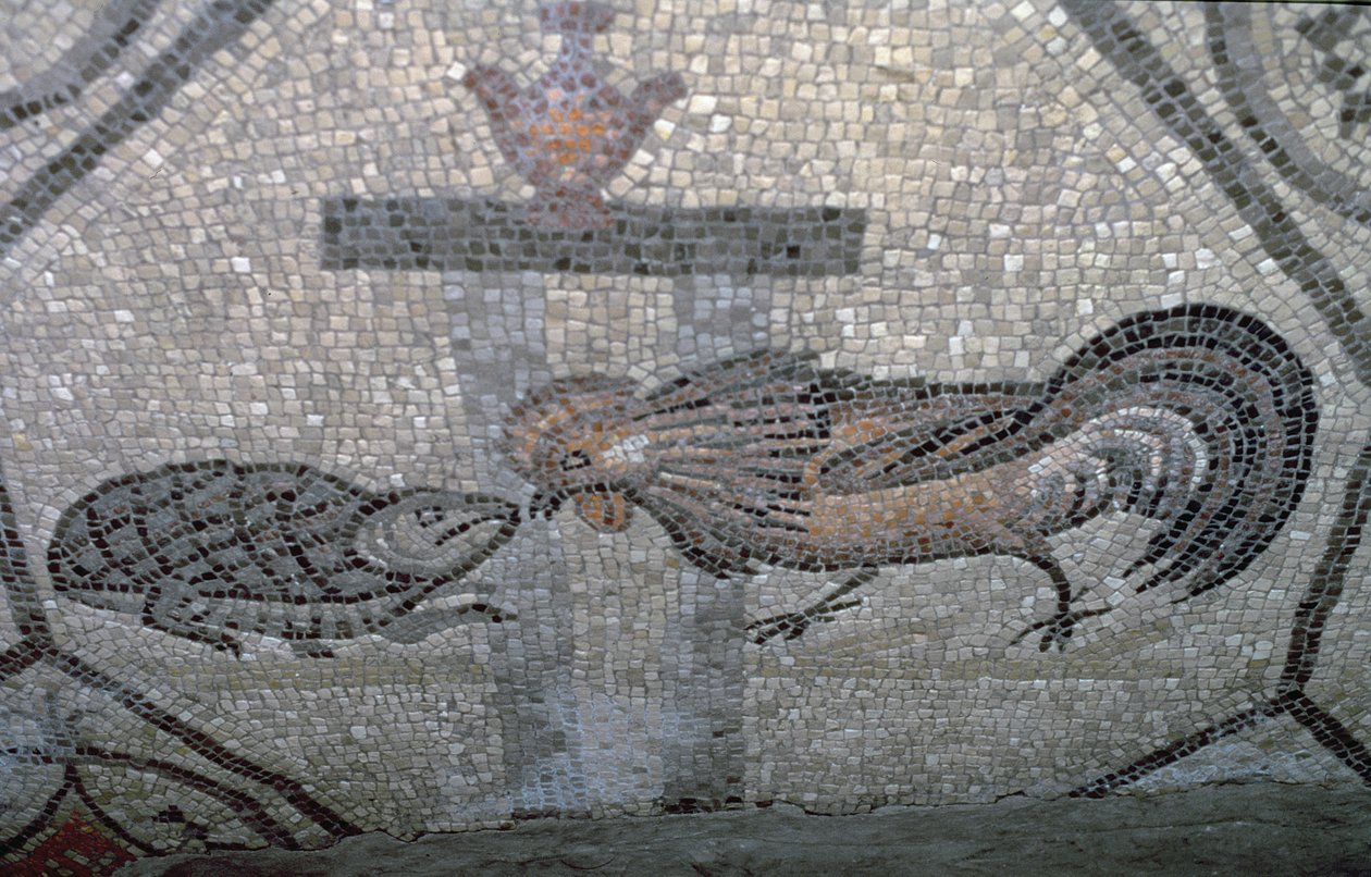 Hanen og skildpadden, detalje fra et dekorativt fortov, der viser kristne billeder og hedenske symboler, ca. 313 e.Kr. (mosaik) af Unbekannt
